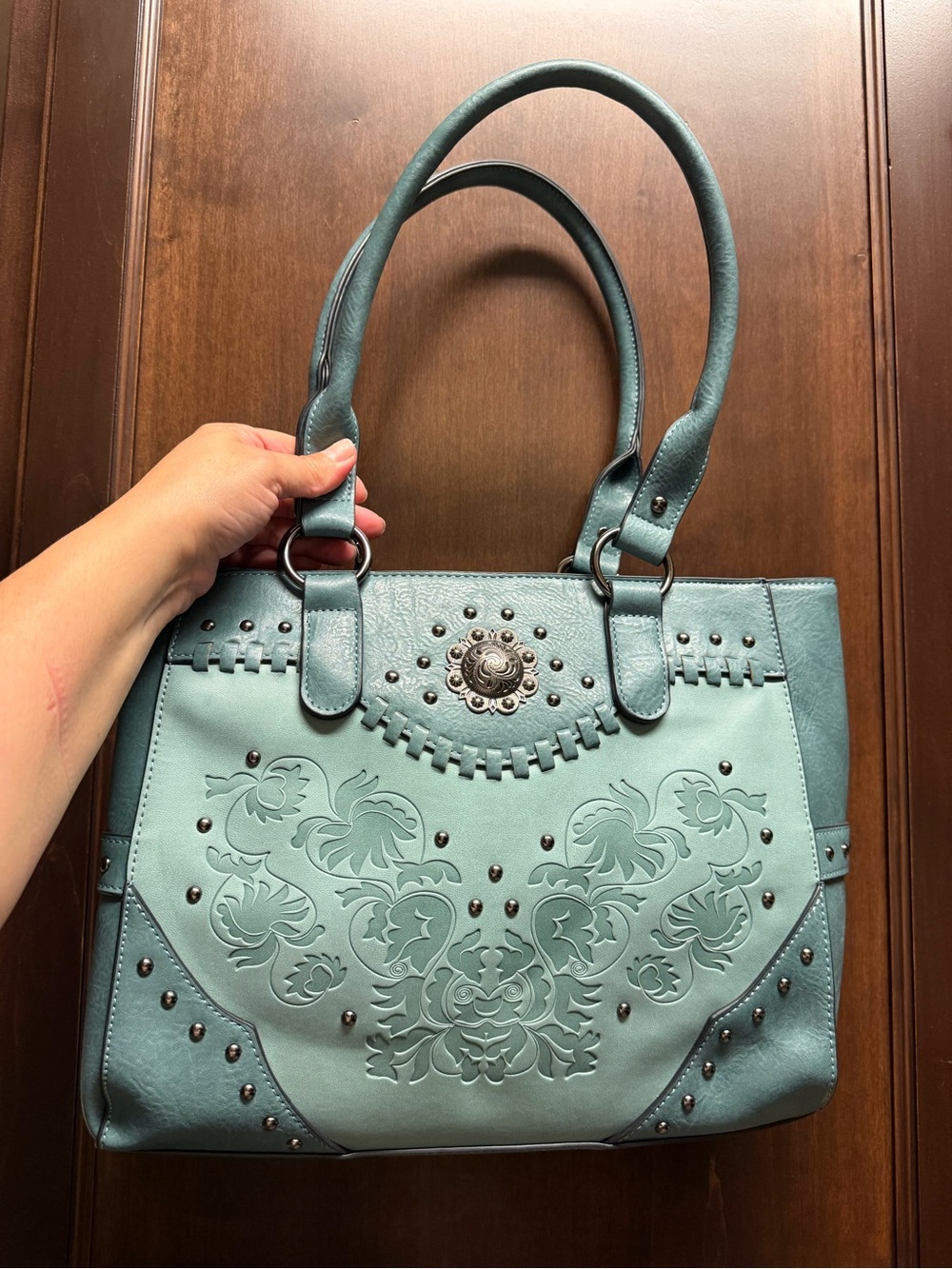 Women's Teal Embossed Floral Tote Bag Conceal Carry